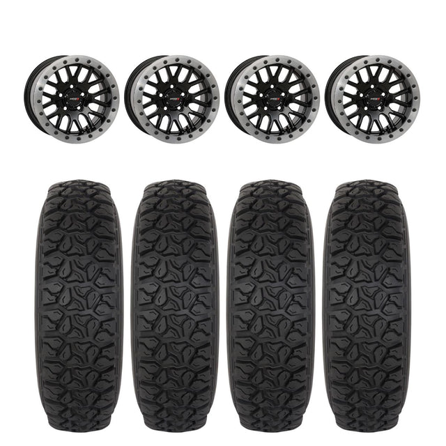 System 3 Gloss Black w/Matte Brushed Ring SB-9 Beadlock & System 3 DX440 Offroad Wheel & Tire Kit