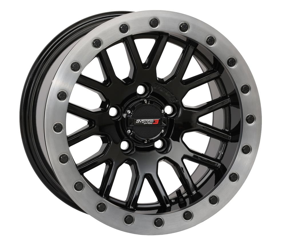System 3 Gloss Black with Matte Brushed Ring SB-9 Beadlock & Maxxis Liberty Performance Off Road Wheel & Tire Kit