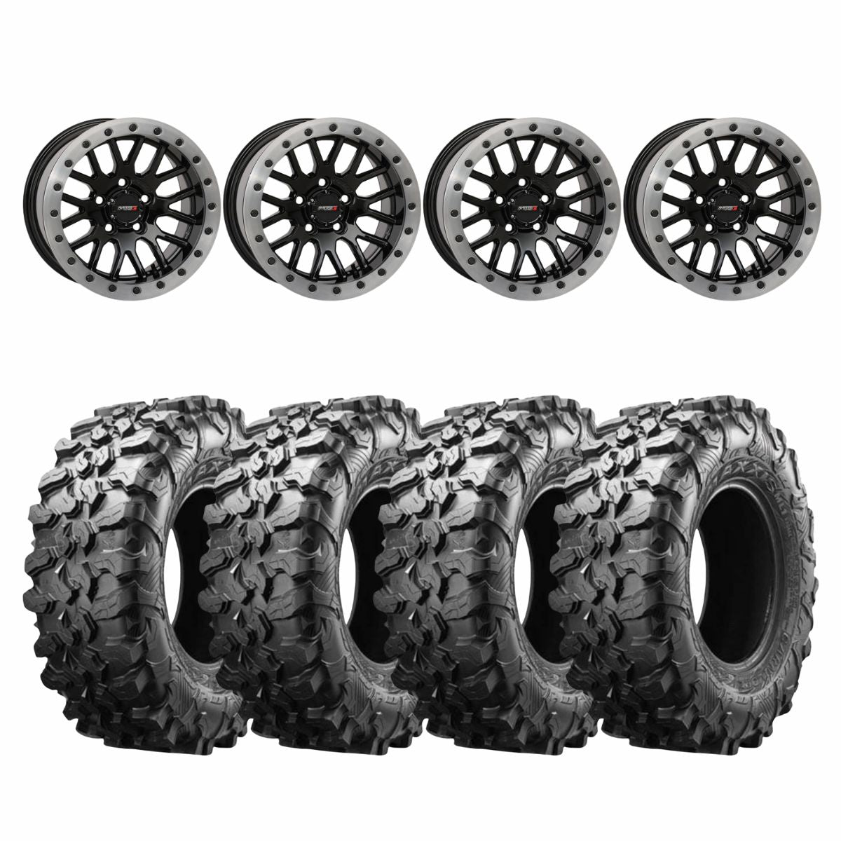 System 3 Gloss Black with Matte Brushed Ring SB-9 Beadlock & Maxxis Radial Carnivore Wheel & Tire Kit