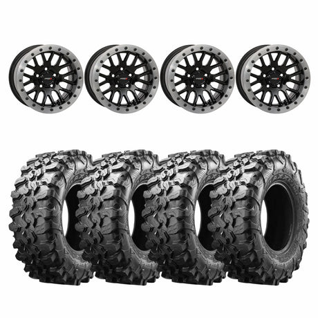 System 3 Gloss Black with Matte Brushed Ring SB-9 Beadlock & Maxxis Radial Carnivore Wheel & Tire Kit