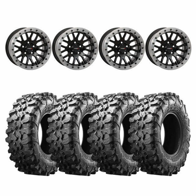 System 3 Gloss Black with Matte Brushed Ring SB-9 Beadlock & Maxxis Radial Carnivore Wheel & Tire Kit