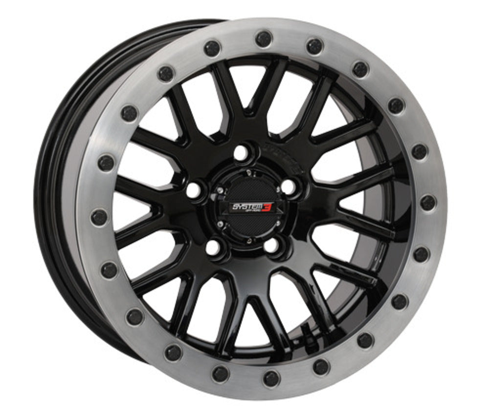 System 3 Gloss Black with Matte Brushed Ring SB-9 Beadlock & Maxxis Radial Carnivore Wheel & Tire Kit