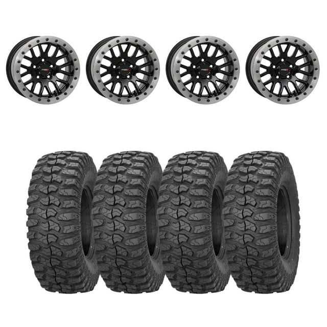 System 3 Gloss Black With Matte Brushed Ring SB-9 Beadlock & Sedona Rockabilly Wheel & Tire Kit