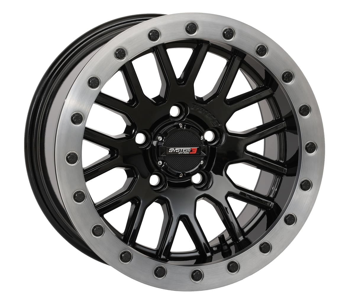 System 3 Gloss Black With Matte Brushed Ring SB-9 Beadlock & Sedona Rockabilly Wheel & Tire Kit