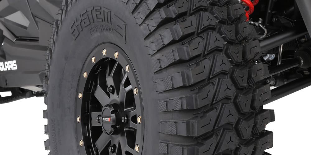 System 3 SB-9 Matte Black w/Gloss Black Ring Beadlock & System 3 Radial XCR350 UTV Wheel & Tire Kit