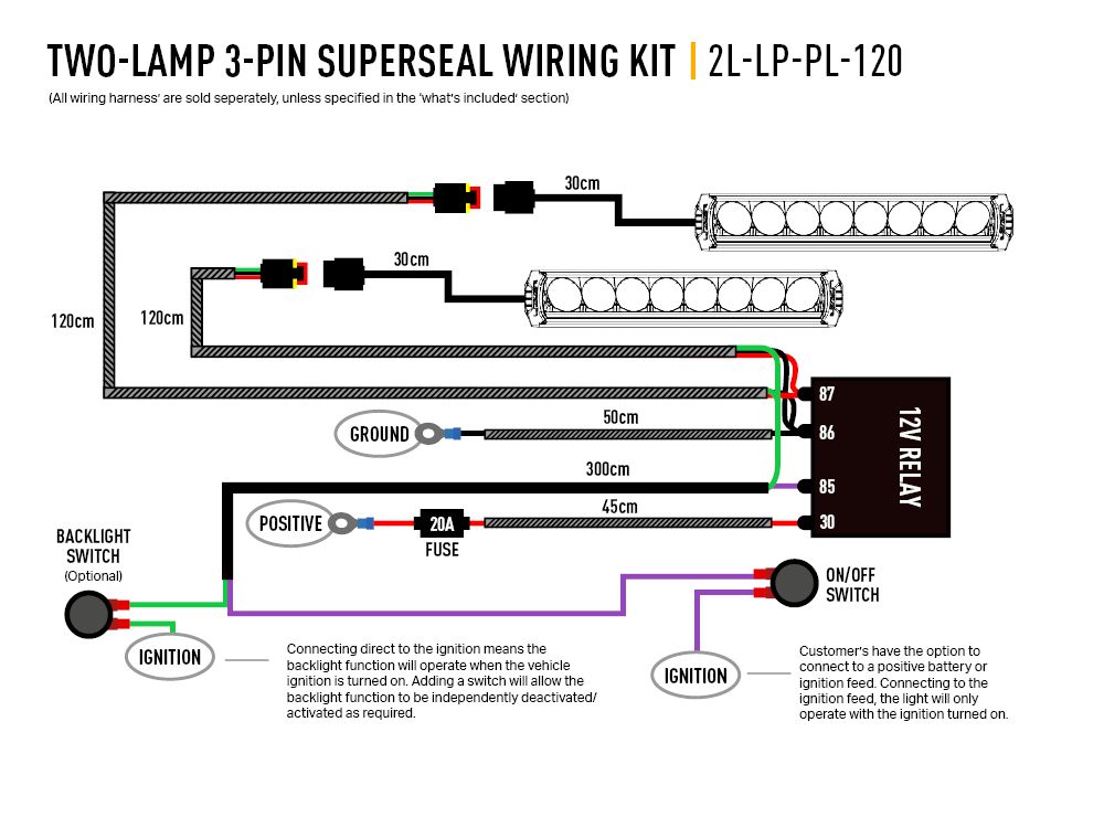 Triple R Lighting Two-Lamp Wiring Kit (3-Pin, Superseal, 12V)