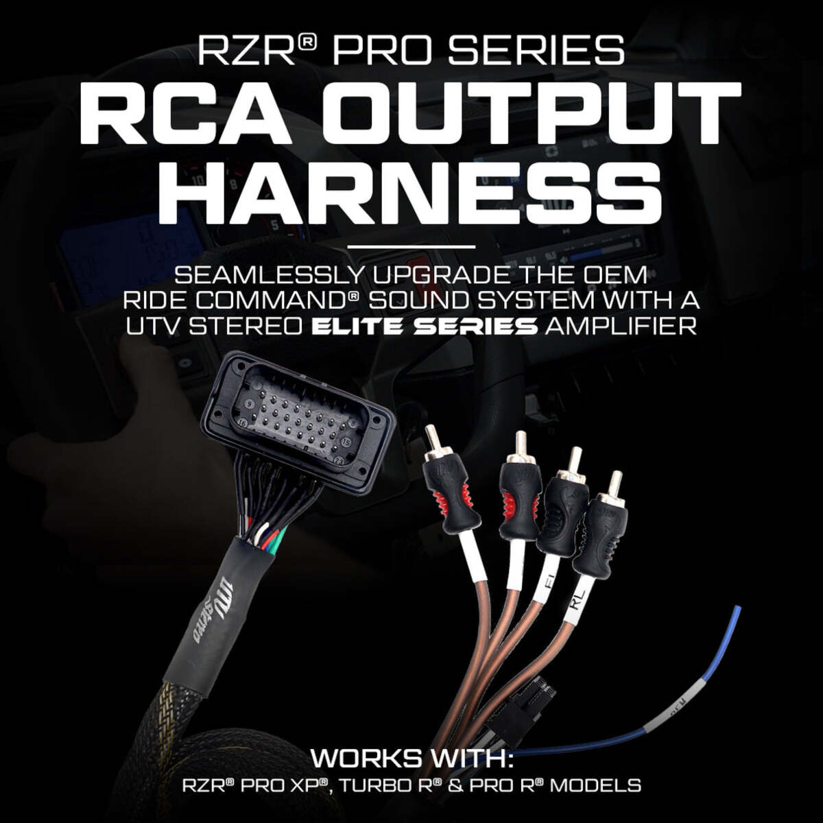 UTV Stereo Polaris RZR Pro Series Ride Command Front & Rear RCA Output + Speaker Wire & Remote