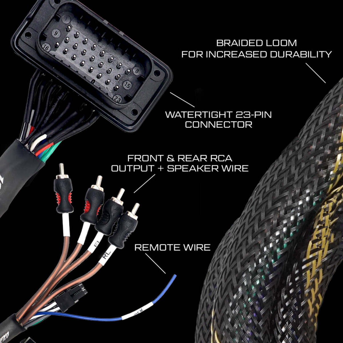 UTV Stereo Polaris RZR Pro Series Ride Command Front & Rear RCA Output + Speaker Wire & Remote